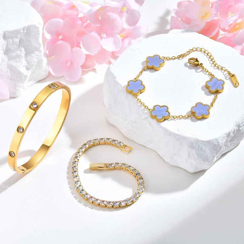 MPRAINBOW Womens Stackable Floral Gold Bracelets - 3Pcs 18K Gold Plated Bracelet,Stainless Steel Bangle Bracelets Non Tarnish, Gold Bracelet Set Trendy Jewelry,Christmas Valentines Birthday Gifts for Girlfriend - Image 5